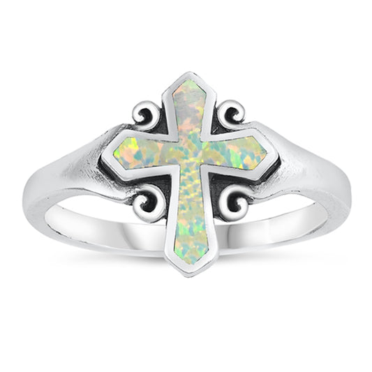 White Lab Opal Oxidized Swirl Cross Ring New 925 Sterling Silver Band Sizes 5-10