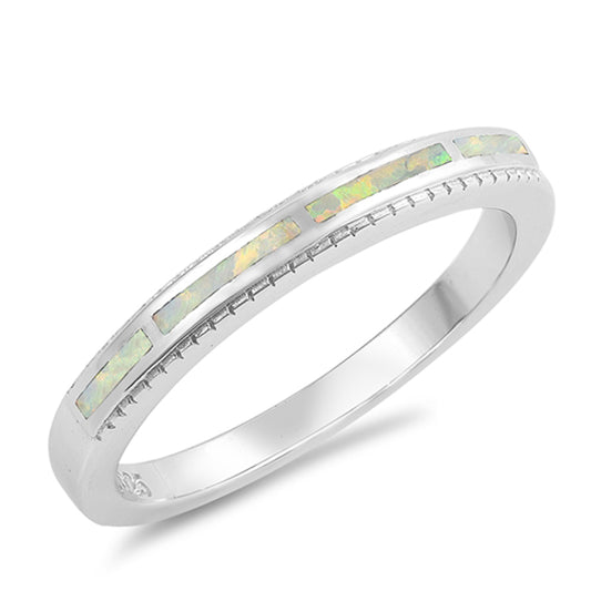 White Lab Opal Unique Rectangle Stackable Ring Sterling Silver Band Sizes 5-10