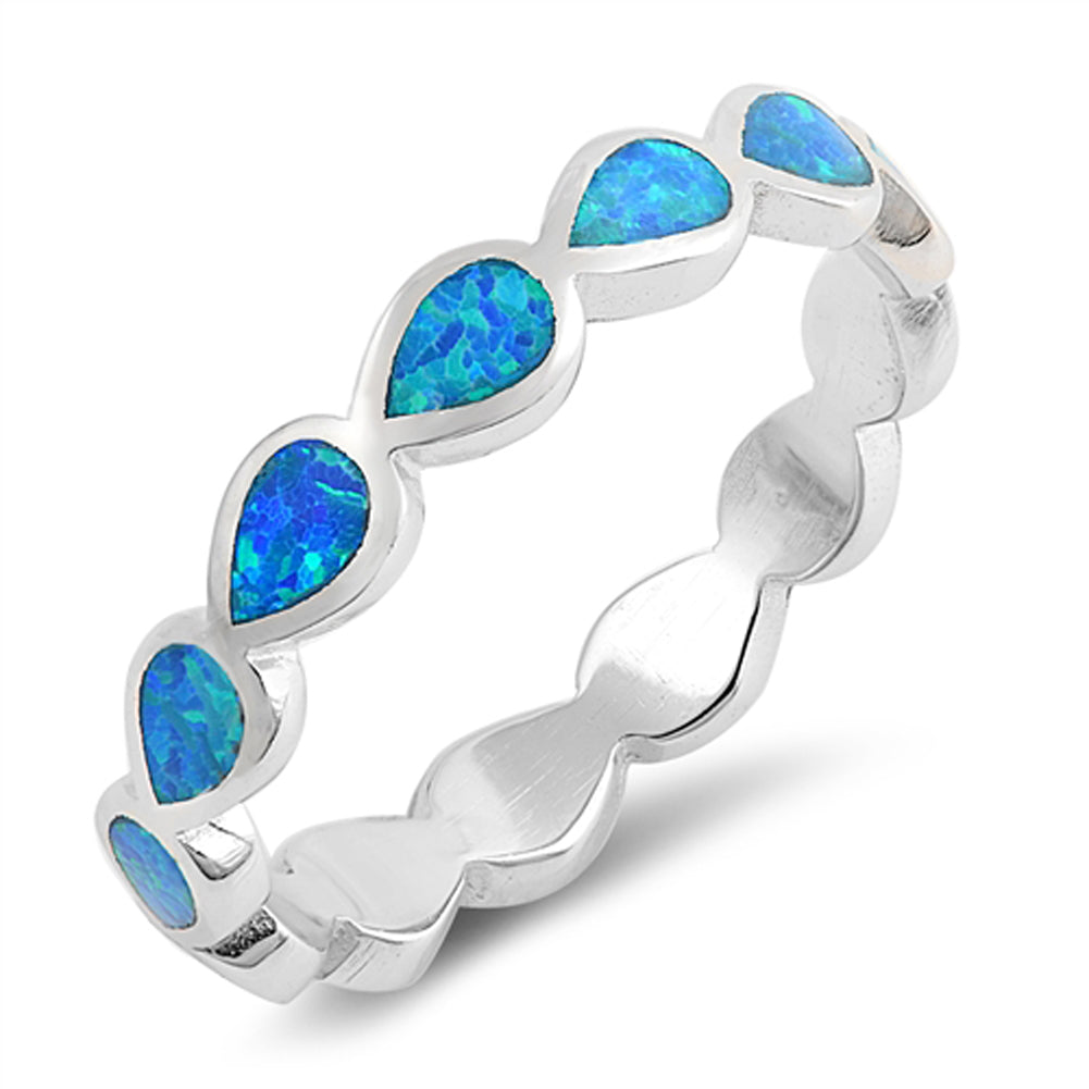 Blue Lab Opal Pear Teardrop Eternity Ring .925 Sterling Silver Band Sizes 5-10