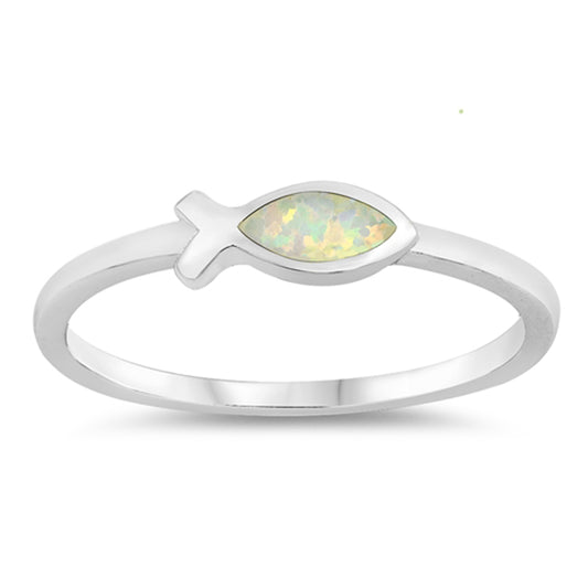White Lab Opal Christian Fish Simple Ring .925 Sterling Silver Band Sizes 4-10