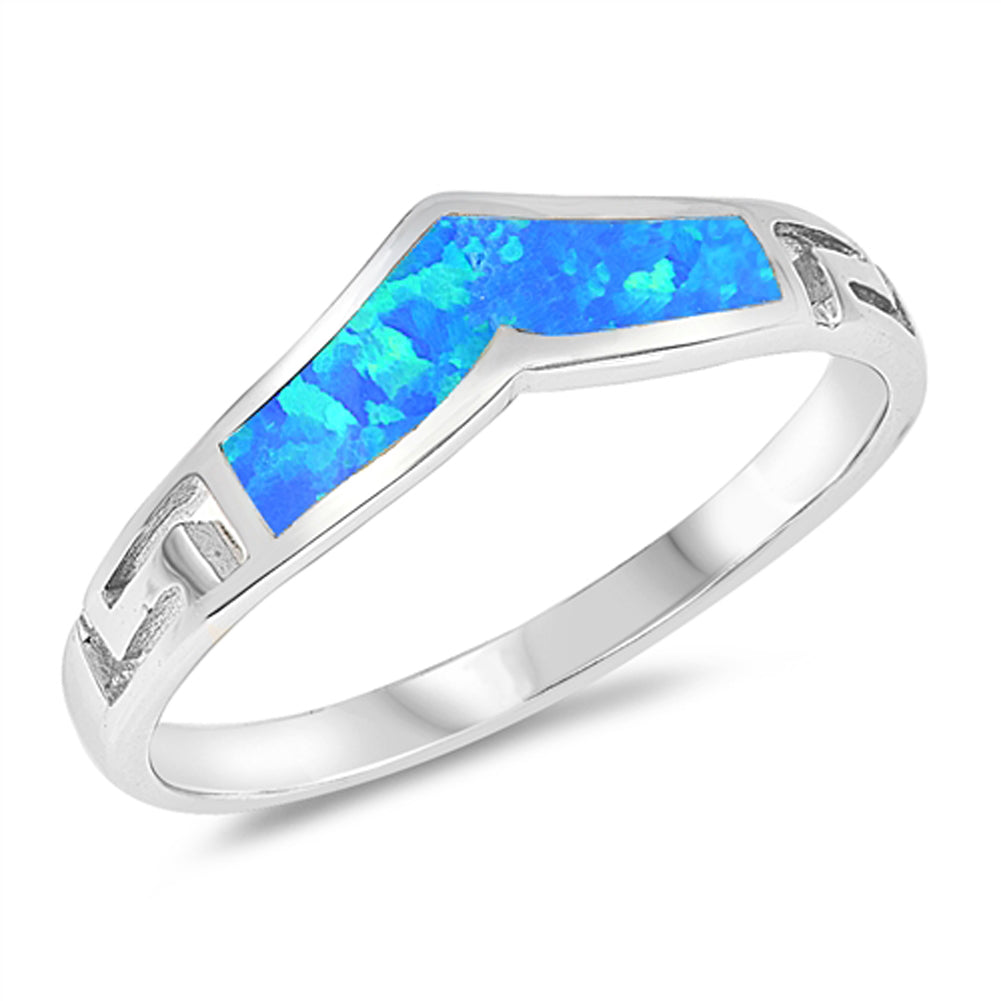 Blue Lab Opal Greek Key Chevron Pointed V Ring Sterling Silver Band Sizes 5-10
