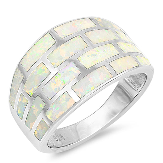 White Lab Opal Large Wide Rectangle Grid Ring Sterling Silver Band Sizes 5-10
