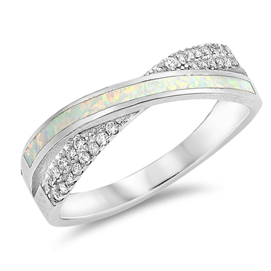 White Lab Opal Double Shank Criss Cross Ring 925 Sterling Silver Band Sizes 5-10