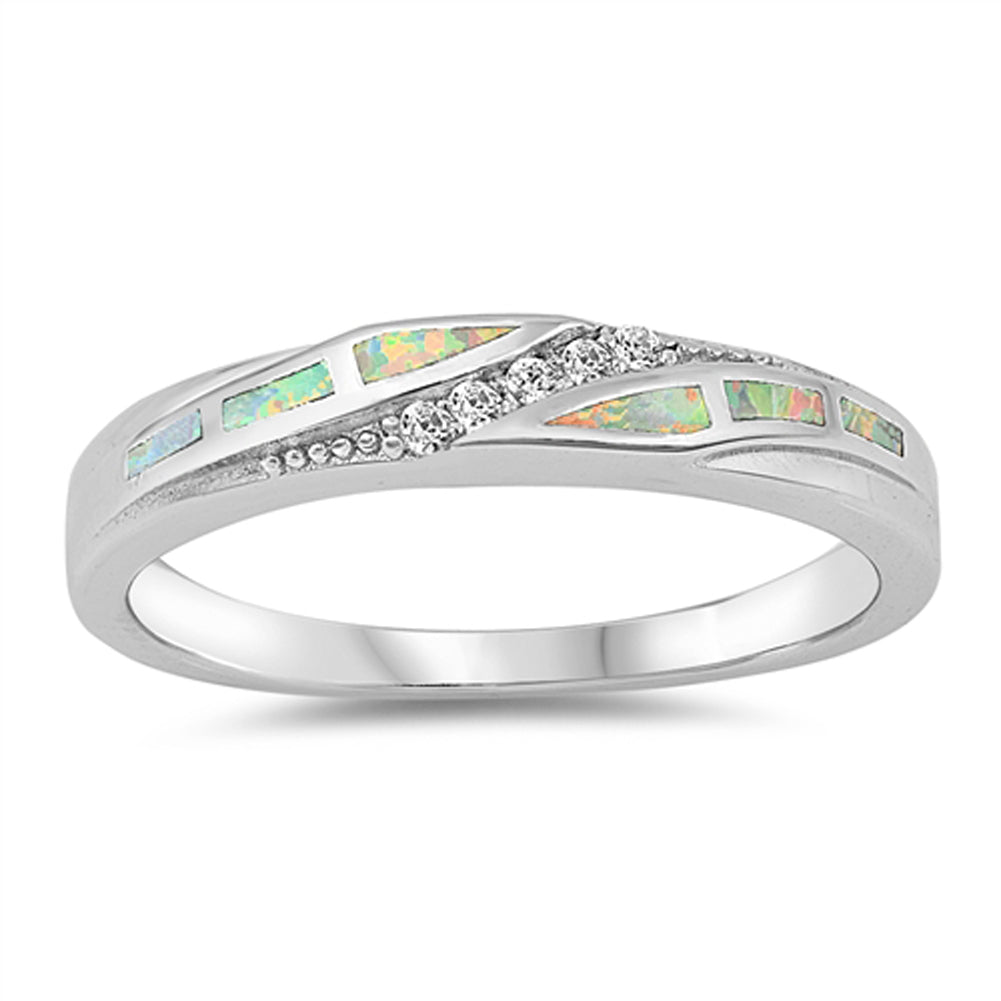 White Lab Opal Fire Inlay Midi Cute Ring .925 Sterling Silver Band Sizes 5-10