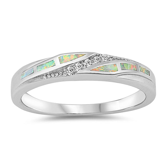 White Lab Opal Fire Inlay Midi Cute Ring .925 Sterling Silver Band Sizes 5-10