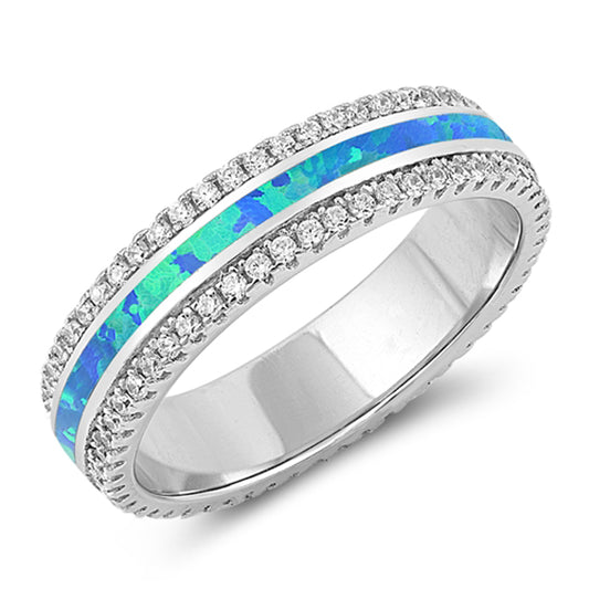 Blue Lab Opal Eternity Wedding Ring .925 Sterling Silver Stripe Band Sizes 5-10