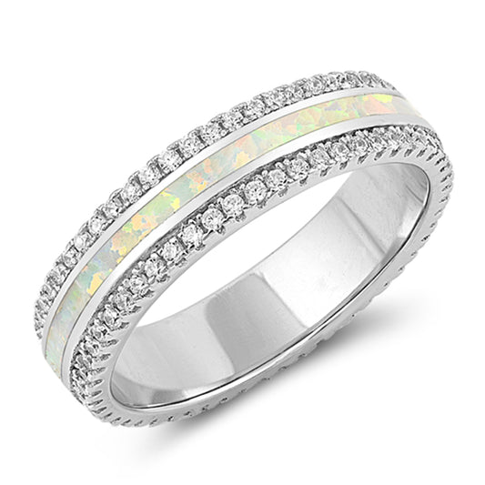 White Lab Opal Wedding Ring .925 Sterling Silver Sparkle Bling Band Sizes 5-10