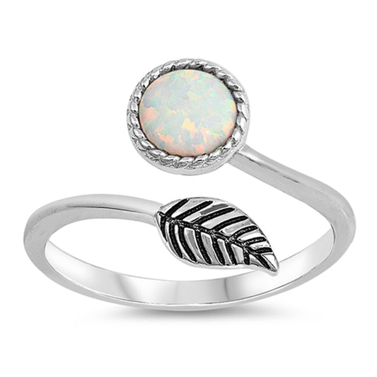 White Lab Opal Open Knuckle Round Leaf Ring .925 Sterling Silver Band Sizes 4-10