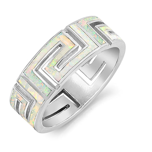 White Lab Opal Greek Key Wide Wedding Ring .925 Sterling Silver Band Sizes 5-10