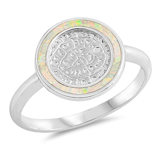 White Lab Opal Ancient Symbols Halo Ring .925 Sterling Silver Band Sizes 5-10