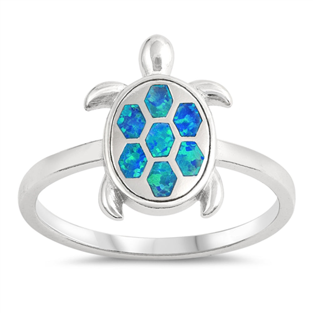 Blue Lab Opal Hexagon Turtle Tropical Animal 925 Sterling Silver Ring Sizes 5-10