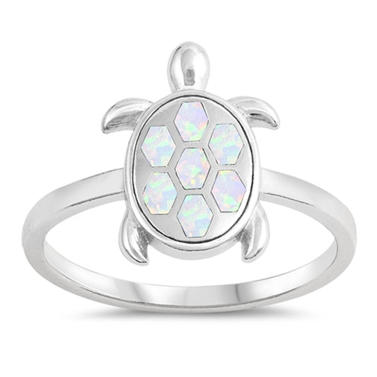 White Lab Opal Cute Turtle Flower Sea Ring .925 Sterling Silver Band Sizes 5-10