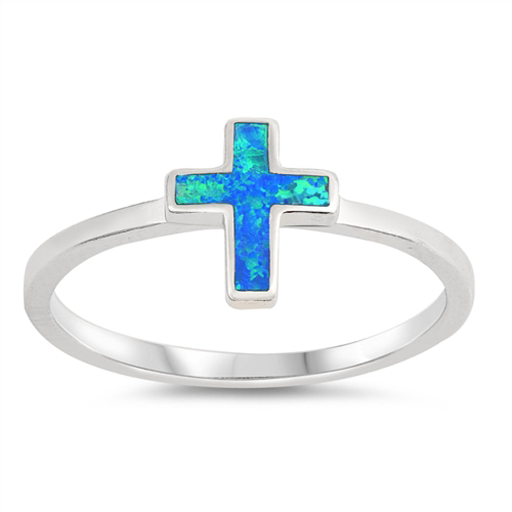 Blue Lab Opal Christ Cross Christian Dainty Ring Sterling Silver Band Sizes 5-10