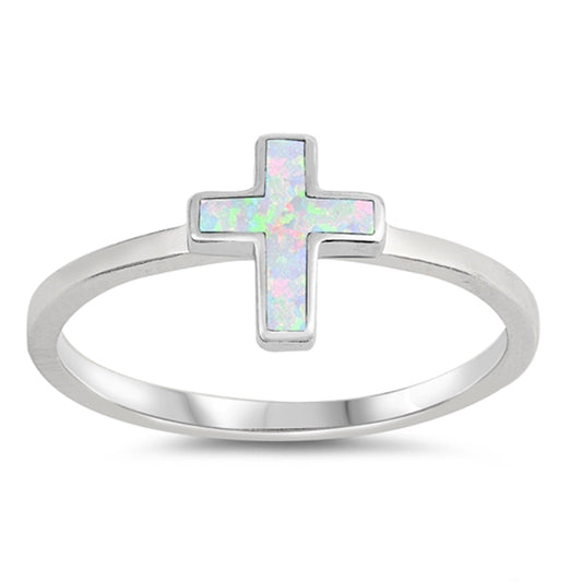 White Lab Opal Cross God Love Ring New .925 Sterling Silver Band Sizes 4-10