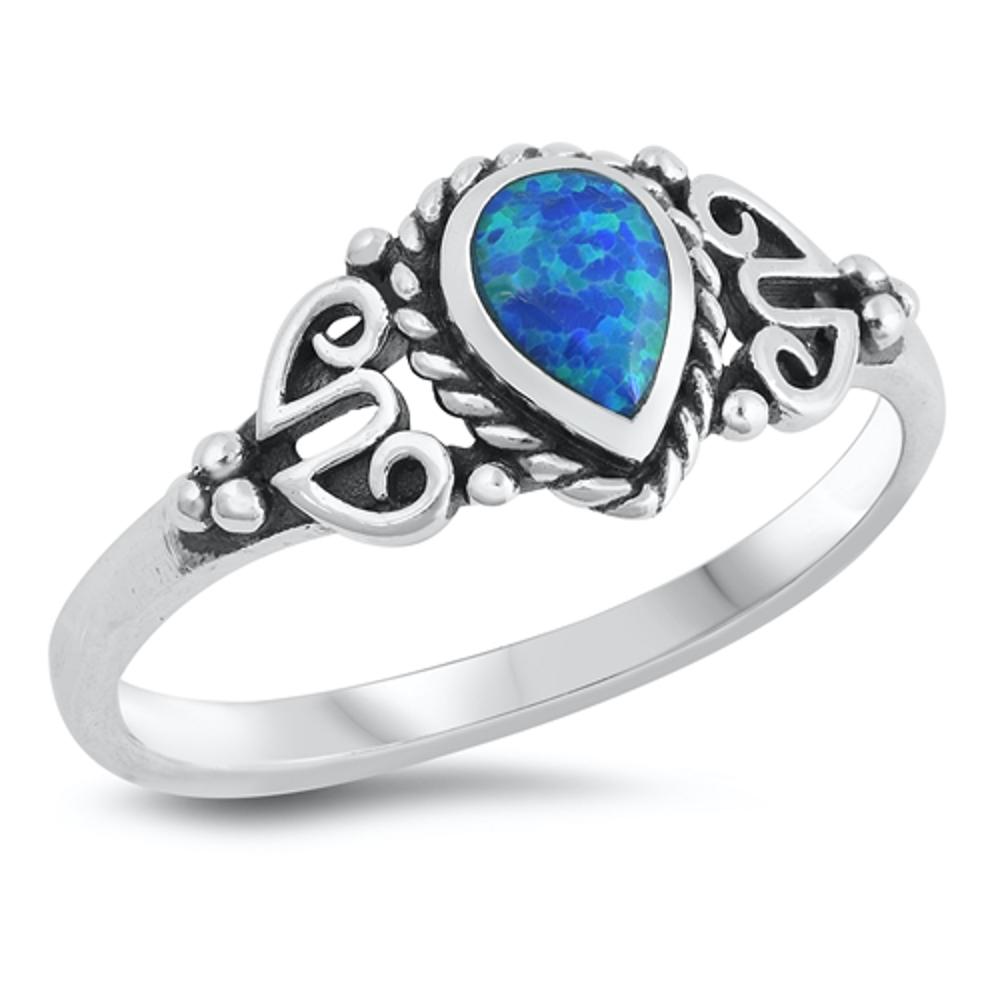Blue Lab Opal Pear Teardrop Rope Halo Ring Sterling Silver Boho Band Sizes 4-10