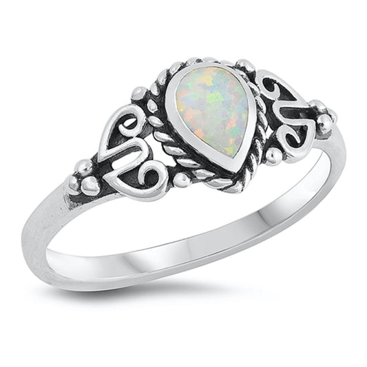 White Lab Opal Filigree Swirl Teardrop Fashion Ring New .925 Sterling Silver Band Sizes 4-10