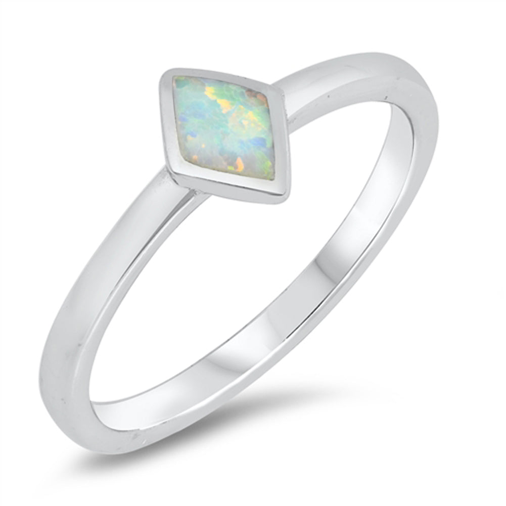 White Lab Opal Diamond-Shape Simple Ring .925 Sterling Silver Band Sizes 4-10