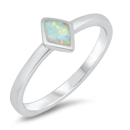White Lab Opal Diamond-Shape Simple Ring .925 Sterling Silver Band Sizes 4-10
