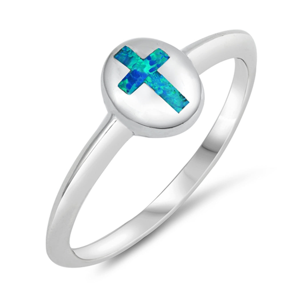 Blue Lab Opal Oval Inset Cross Cute Ring New 925 Sterling Silver Band Sizes 4-10