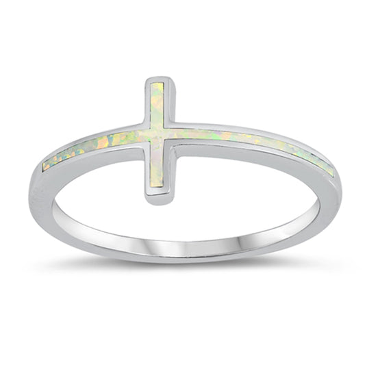 White Lab Opal Thin Sideways Cross Love Ring 925 Sterling Silver Band Sizes 4-10