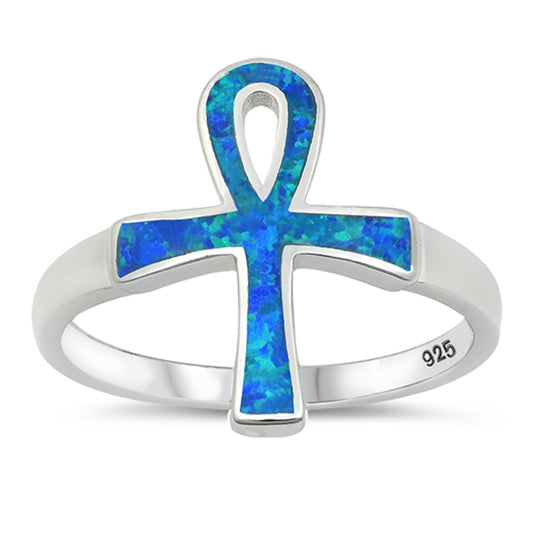 Blue Lab Opal Ankh Loop Cross Wide Ring New .925 Sterling Silver Band Sizes 4-10