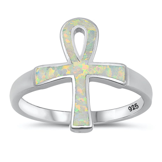 White Lab Opal Ankh Wide Large Ring .925 Sterling Silver Fire Band Sizes 4-10