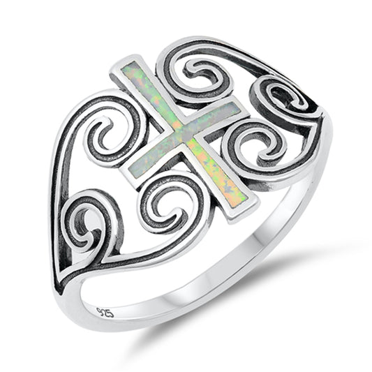 White Lab Opal Large Cross Heart Swirl Ring .925 Sterling Silver Band Sizes 5-10