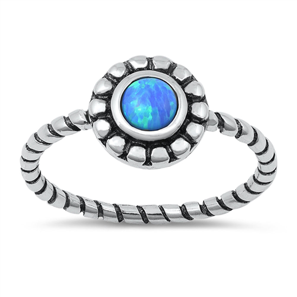 Blue Lab Opal Oxidized Rope Twist Sun Halo Ring Sterling Silver Band Sizes 4-10