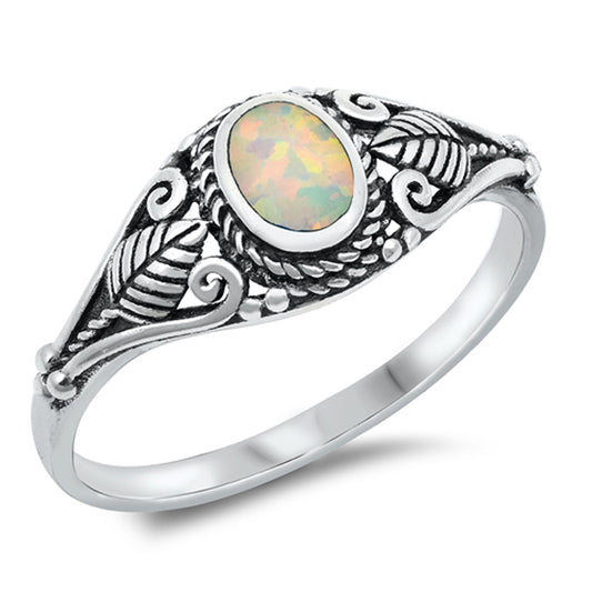 White Lab Opal Ornate Nature Sterling Silver Ring Oval Rope Sizes 4-10