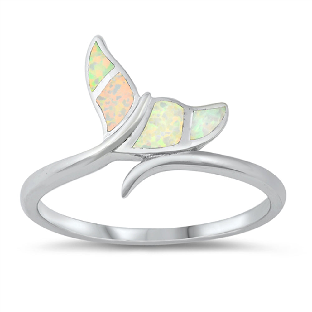 White Lab Opal Mosaic Whale Tail Polished Sterling Silver Ring Sizes 5-10