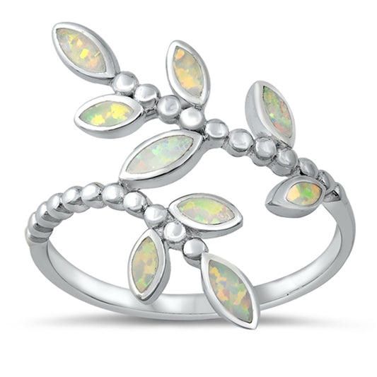 White Lab Opal Classic Leaves Ring New .925 Solid Sterling Silver Band Sizes 5-10