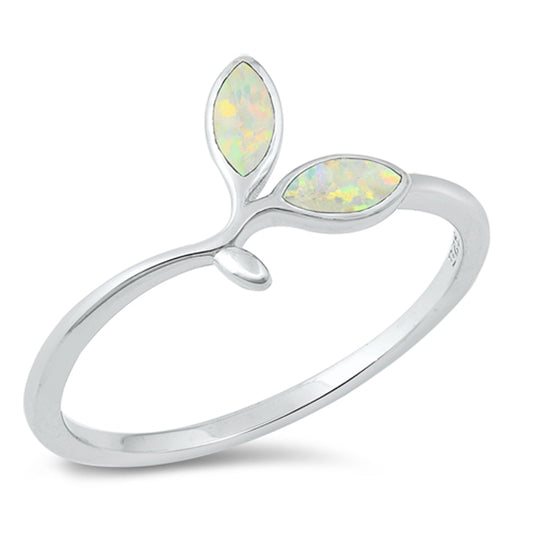 White Lab Opal Tiny Olive Branch Leaf Ring New .925 Sterling Silver Sizes 4-10