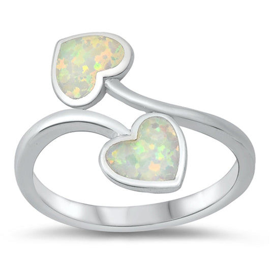 White Lab Opal Double Promise Heart Wrap Ring .925 Sterling Silver Sizes 5-10