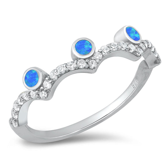 White CZ Blue Lab Opal Scalloped Tiara Ring New .925 Sterling Silver Sizes 5-10