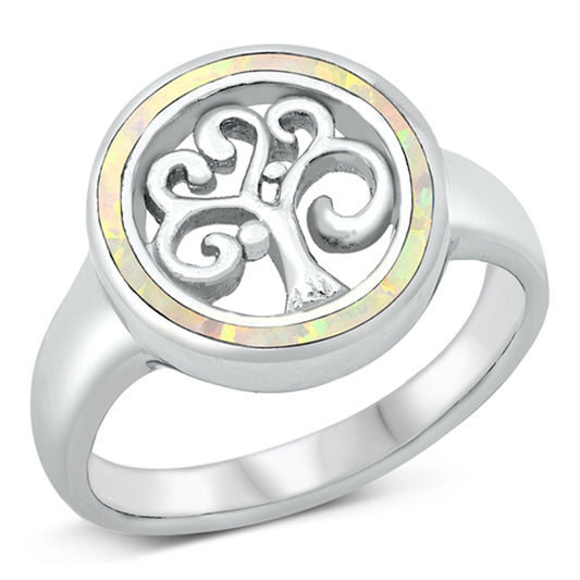 White Lab Opal Round Tree of Life Ring New .925 Sterling Silver Band Sizes 5-10