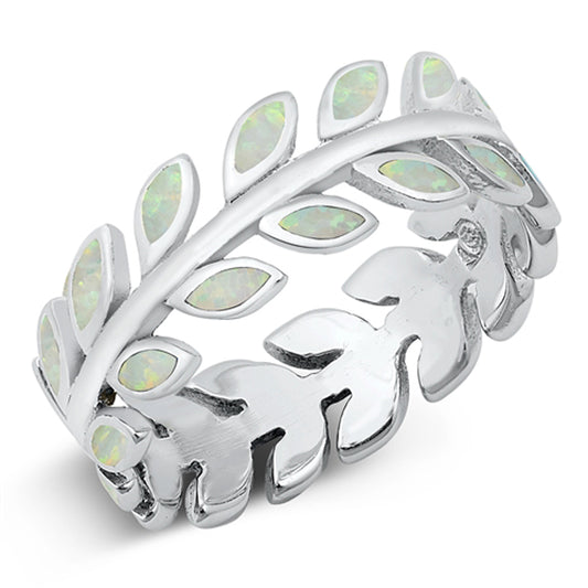 White Lab Opal Nature Leaf Plant Ring .925 Sterling Silver Band Sizes 6-9