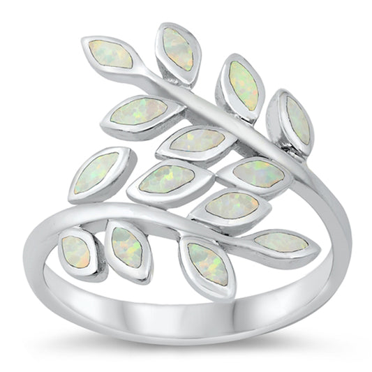 White Lab Opal Fern Leaf Wrap Plant Ring .925 Sterling Silver Sizes 5-10