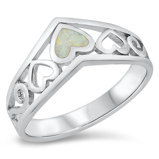 White Lab Opal Chevron Love Heart Promise Ring .925 Sterling Silver Sizes 5-10