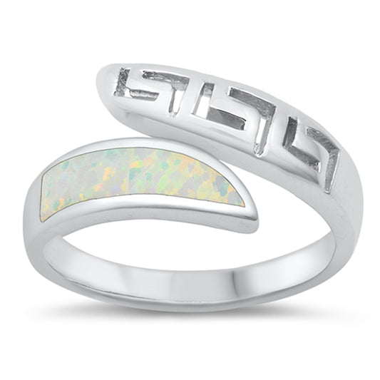 White Lab Opal Greek Key Open Ring New .925 Sterling Silver Band Sizes 5-10