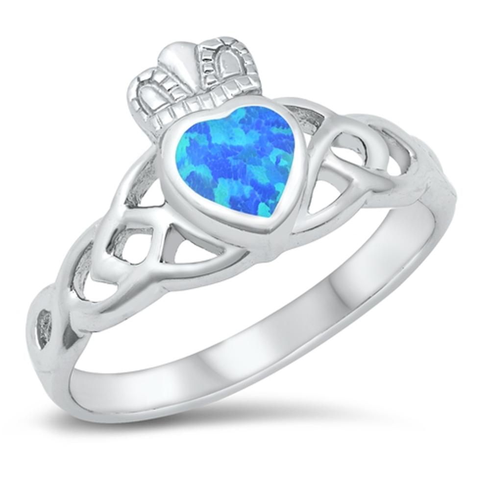 Celtic Claddagh Love Ring Blue Lab Opal New .925 Sterling Silver Band Sizes 5-10
