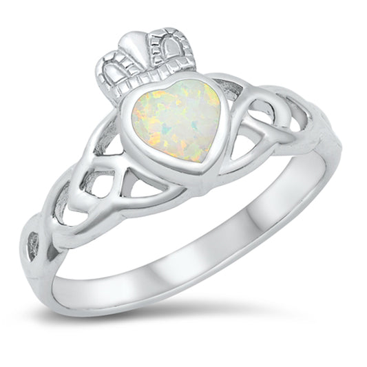 White Lab Opal Celtic Knot Claddagh Ring .925 Sterling Silver Band Sizes 5-10