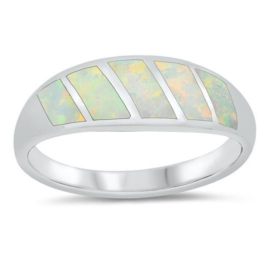 White Lab Opal Modern Stripe Ring New .925 Sterling Silver Band Sizes 5-10