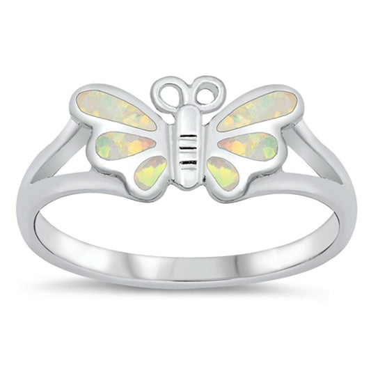 White Lab Opal Cute Butterfly Mosaic Ring .925 Sterling Silver Band Sizes 5-10