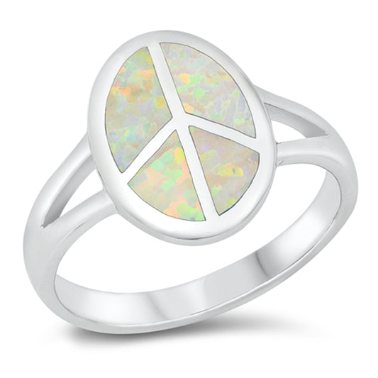 White Lab Opal Simple Peace Sign Ring New .925 Sterling Silver Band Sizes 5-10