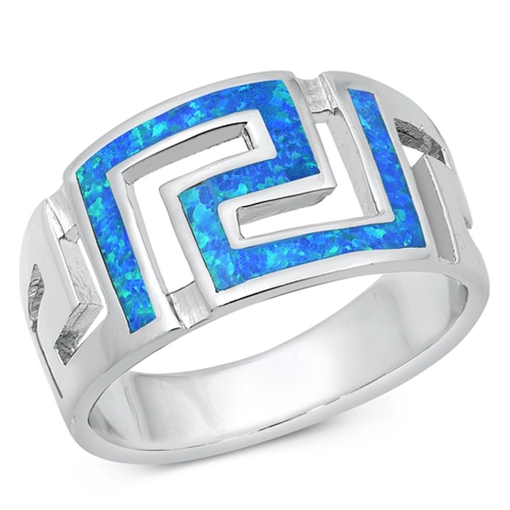 Blue Lab Opal Mosaic Greek Key Ring New .925 Sterling Silver Band Sizes 7-13