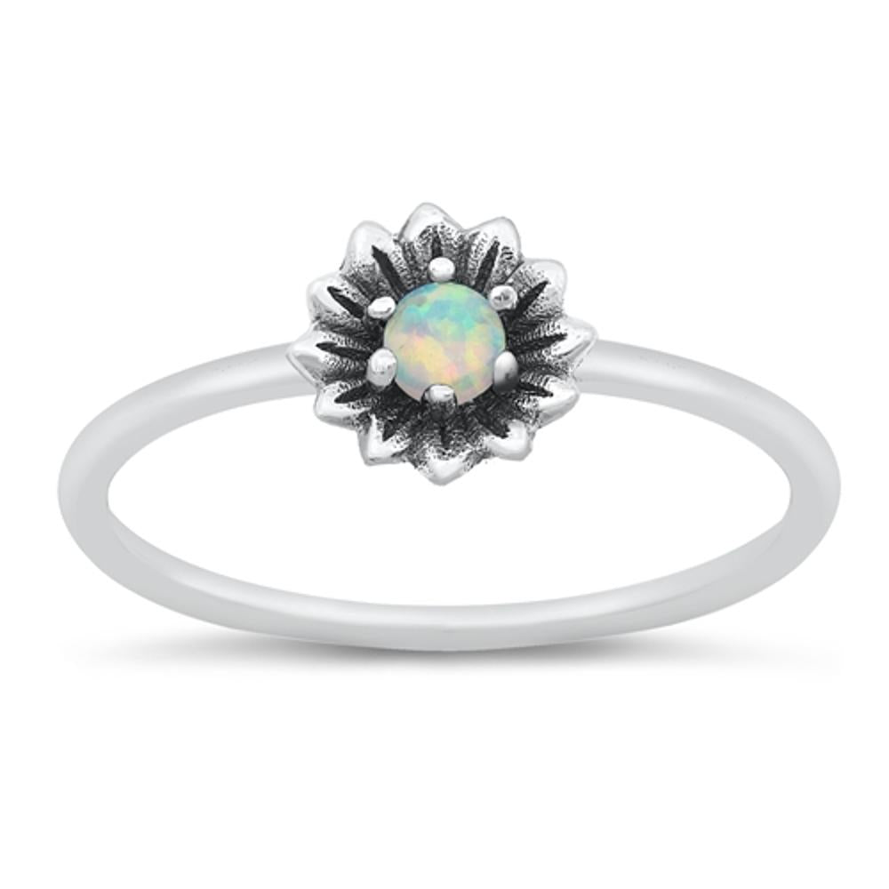 White Lab Opal Classic Cute Flower Ring New .925 Sterling Silver Band Sizes 5-10