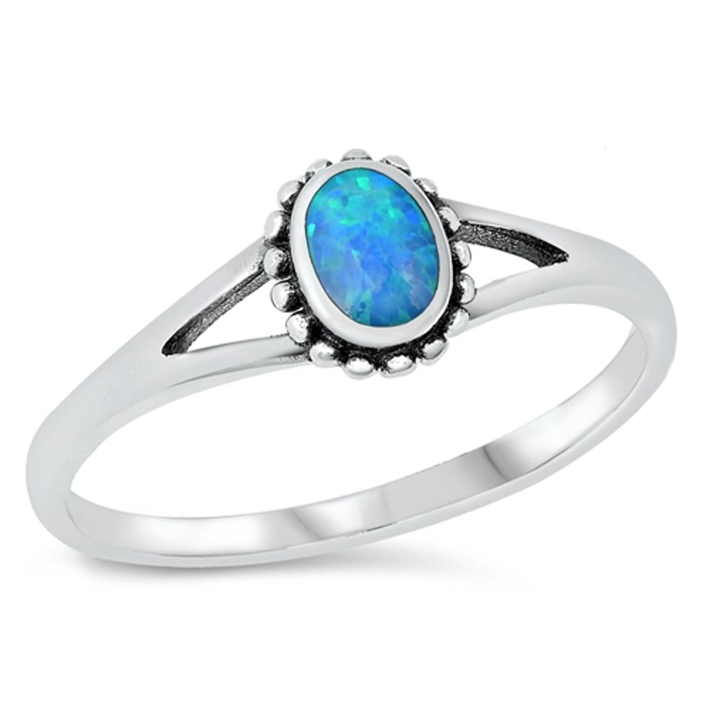 Oval Blue Lab Opal Bali Promise Ring New .925 Sterling Silver Band Sizes 5-10
