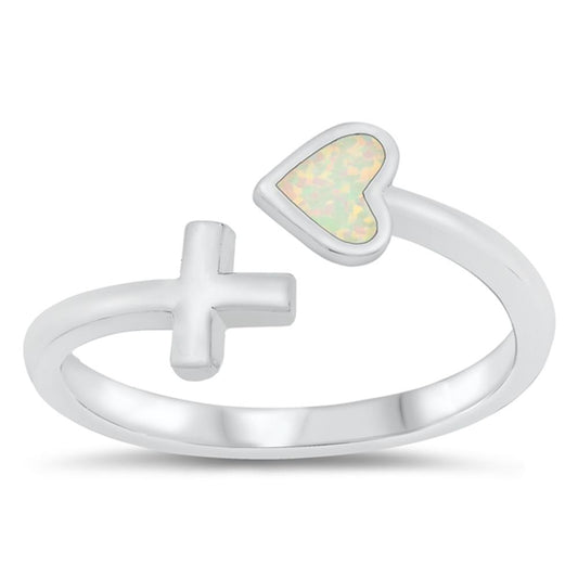 White Lab Opal Heart Cross Spoon Ring New .925 Sterling Silver Band Sizes 5-10