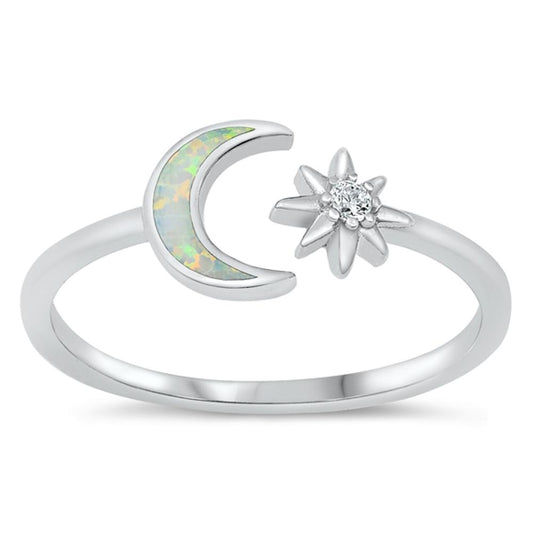 White Lab Opal Polished Star Moon Ring New .925 Sterling Silver Band Sizes 5-10