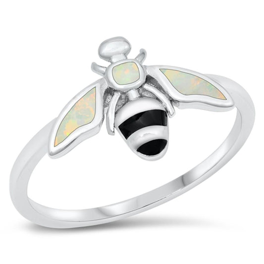 White Lab Opal Classic Bumble Bee Ring New .925 Sterling Silver Band Sizes 5-10